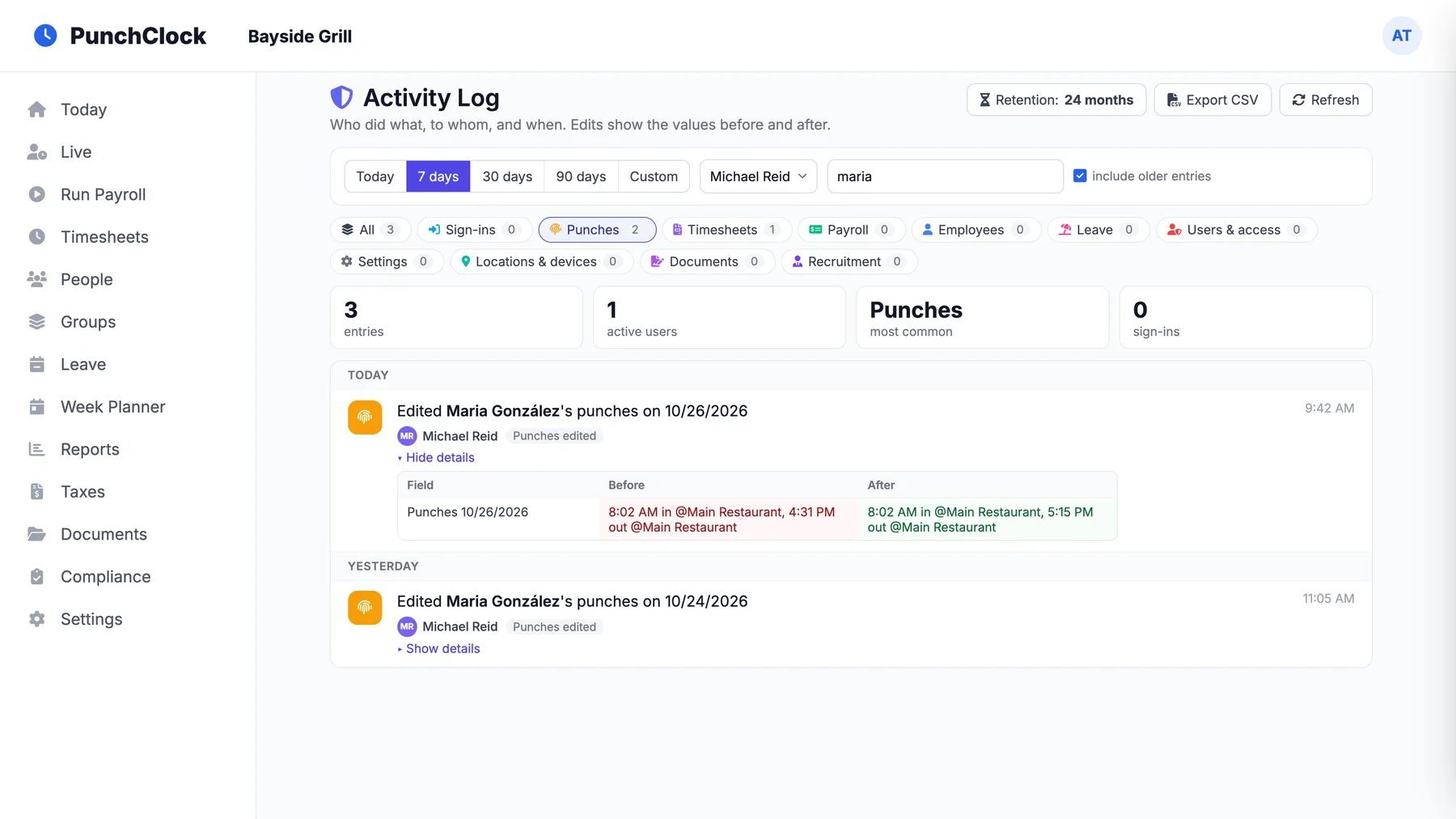 Activity log showing a punch edit with the values before and after
