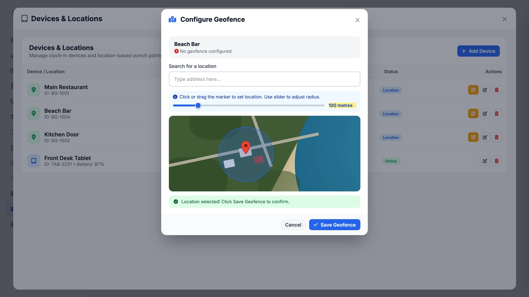 Configure Geofence in PunchClock: a pin on the site and a 100 metre circle