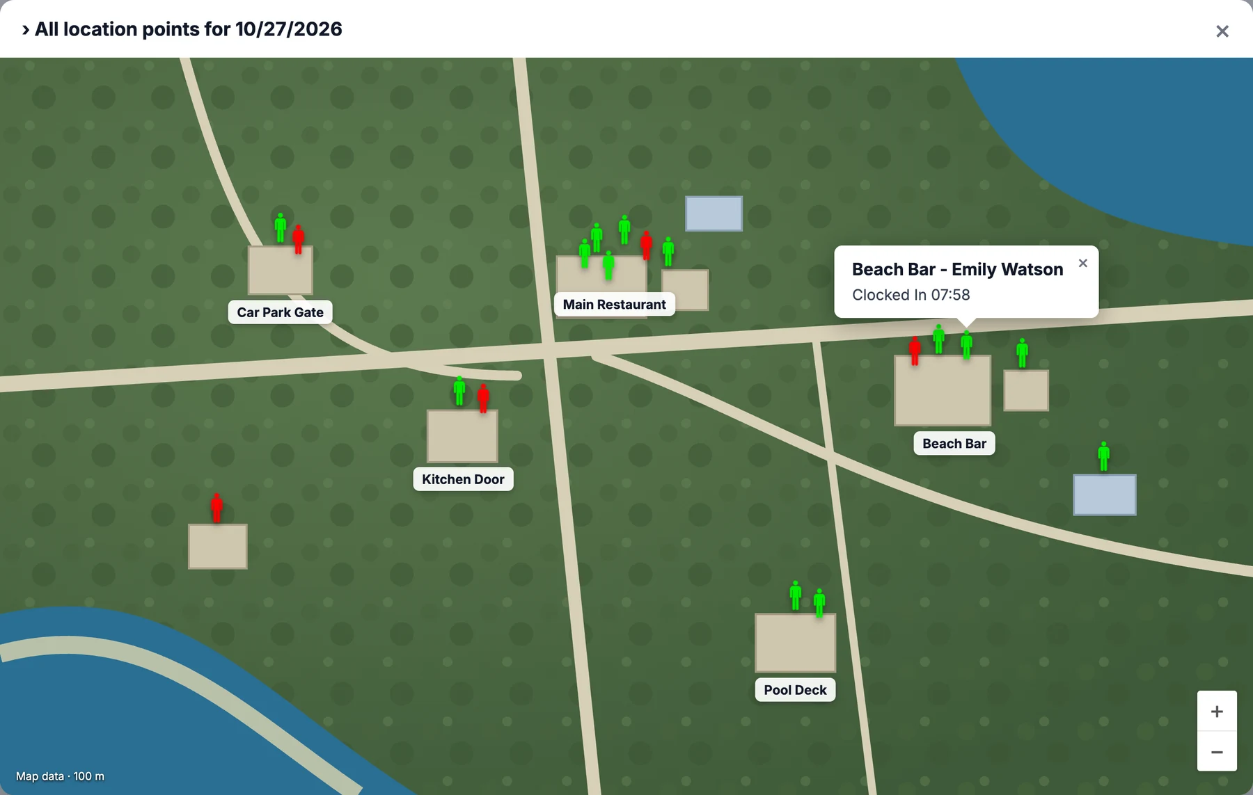 Map Overlay in PunchClock: every employee as a green or red pin across the sites, with one pin opened to show Beach Bar, Emily Watson, Clocked In 07:58