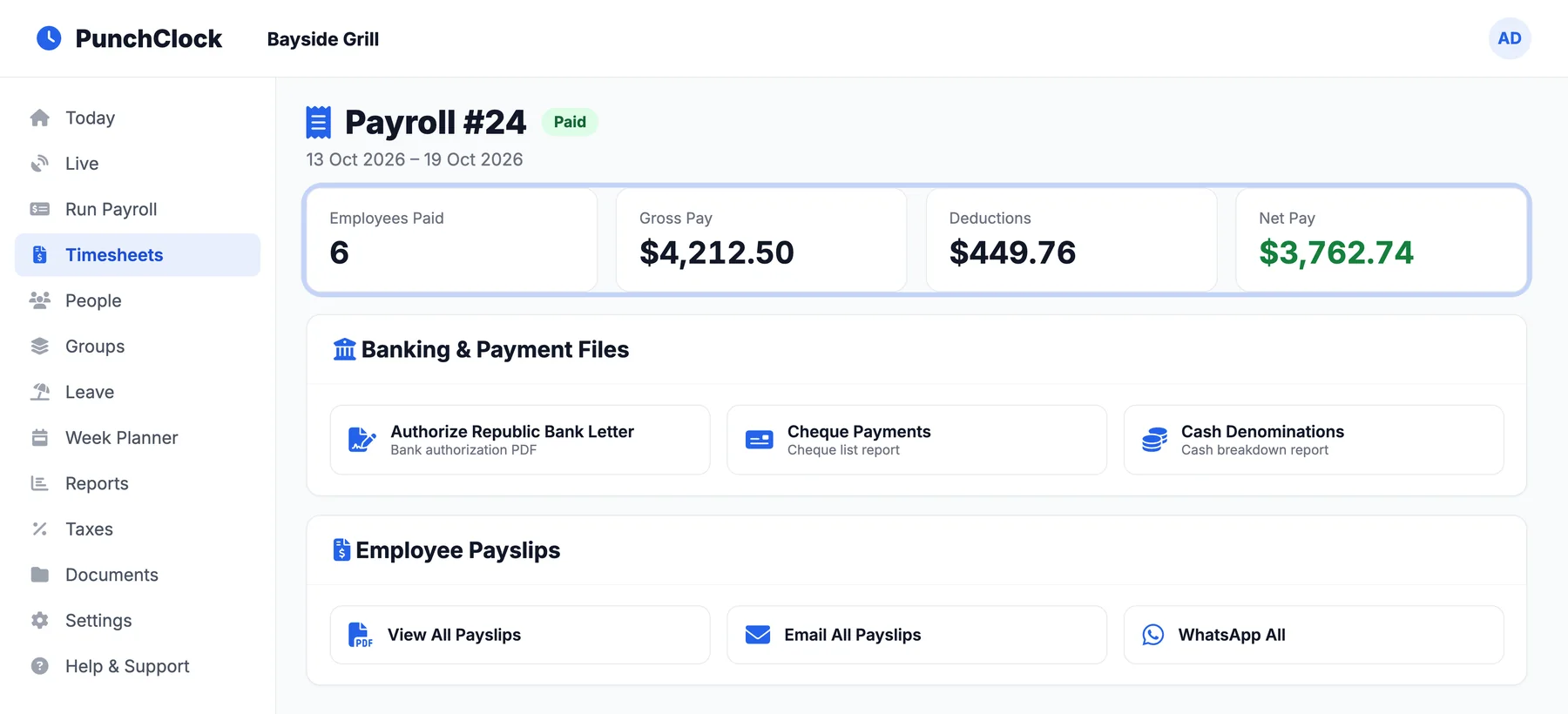 Payroll run summary with bank files and payslips