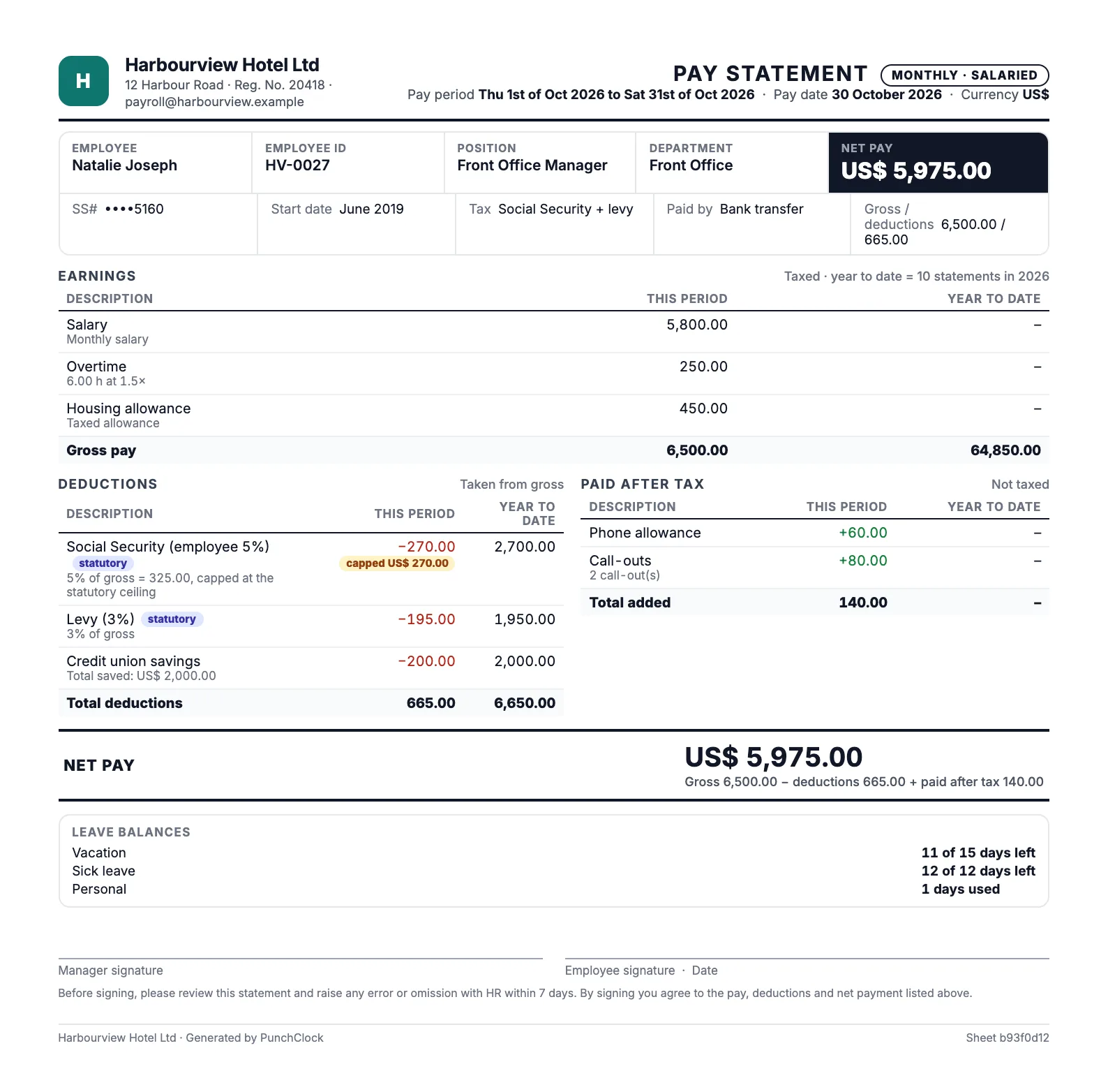 Sample Pay Statement for a salaried employee, with a social security deduction capped at the ceiling and year-to-date totals