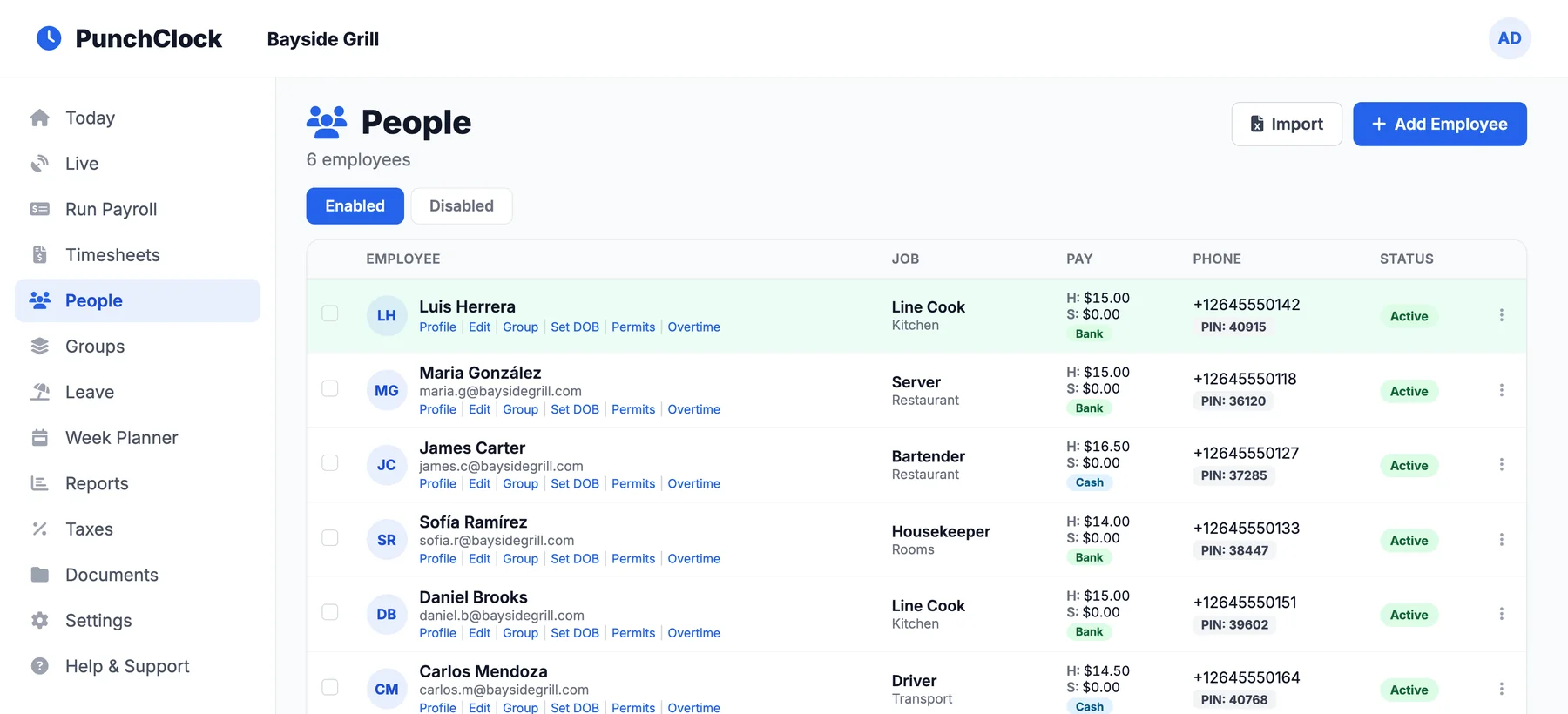 People list with job, pay, phone and clock-in PIN