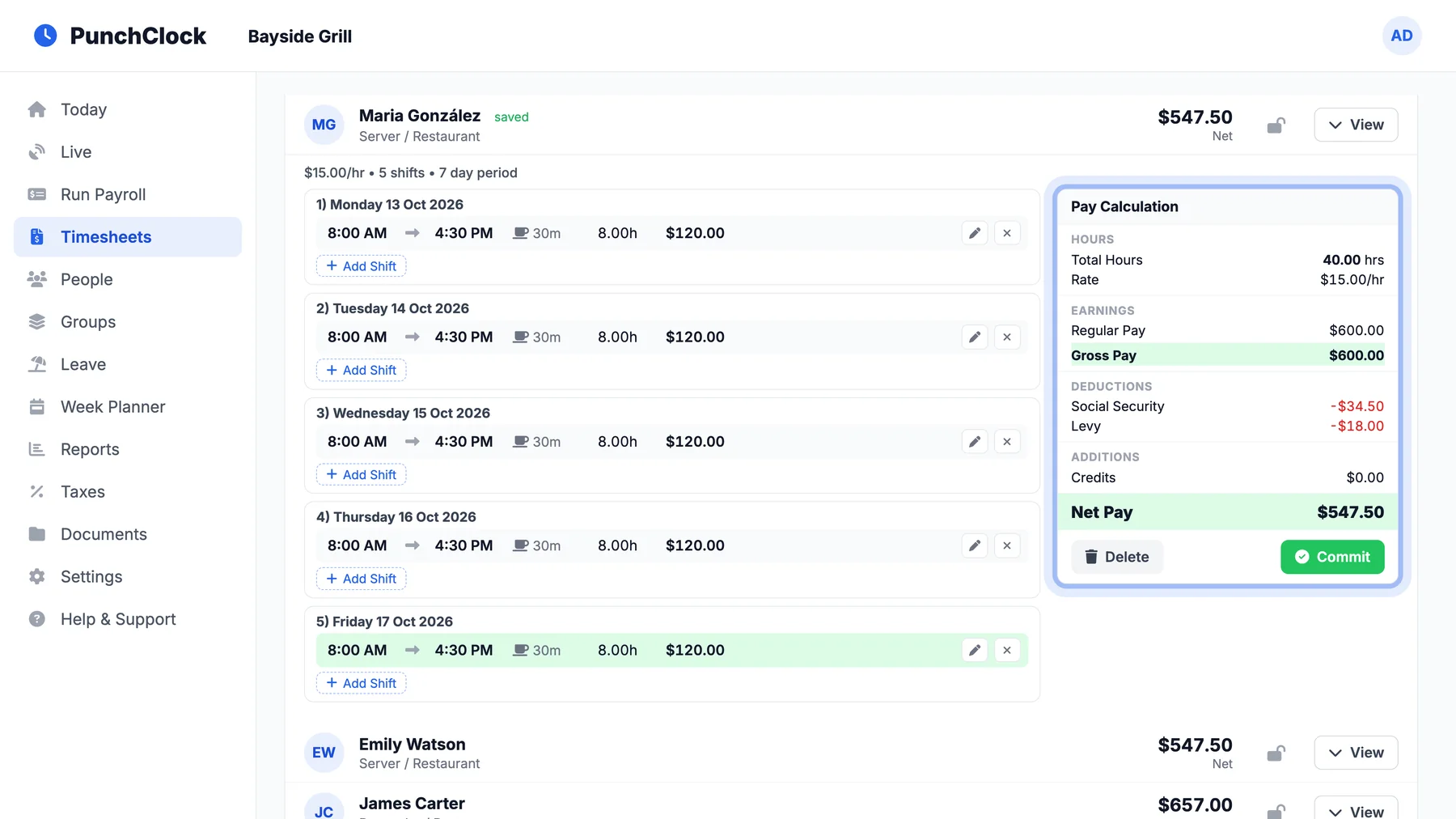 Timesheet shift view with the pay calculation panel