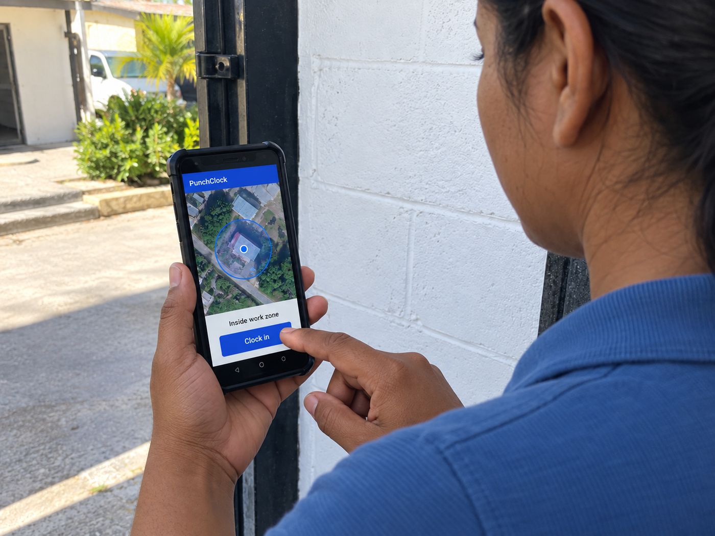 Worker at a gate clocking in on the PunchClock phone app, which shows her inside the geofenced work zone